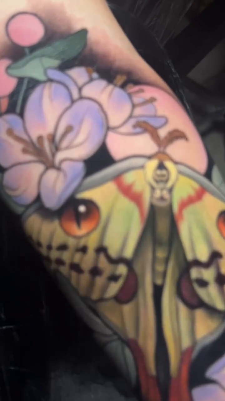 Luna moth with flowers neo-traditional tattoo by Evin Pfaff, Bedford, Pennsylvania