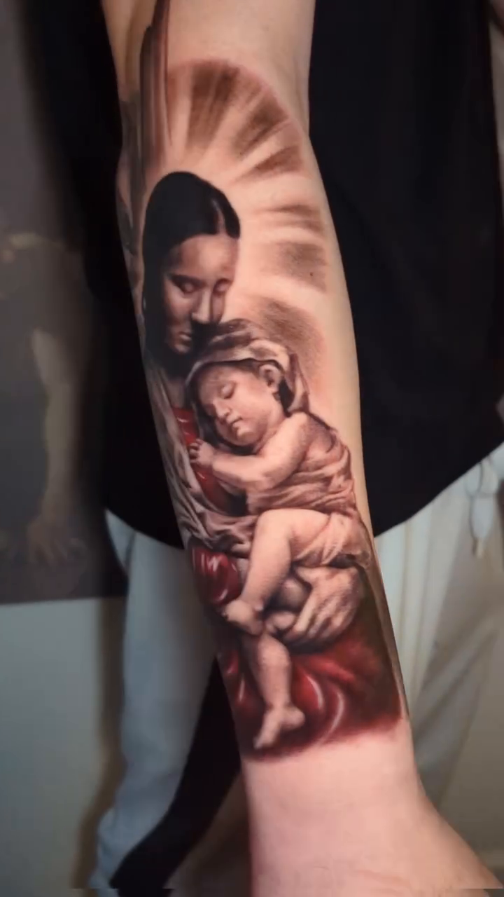 Madonna and Child realism tattoo by Sean Costello