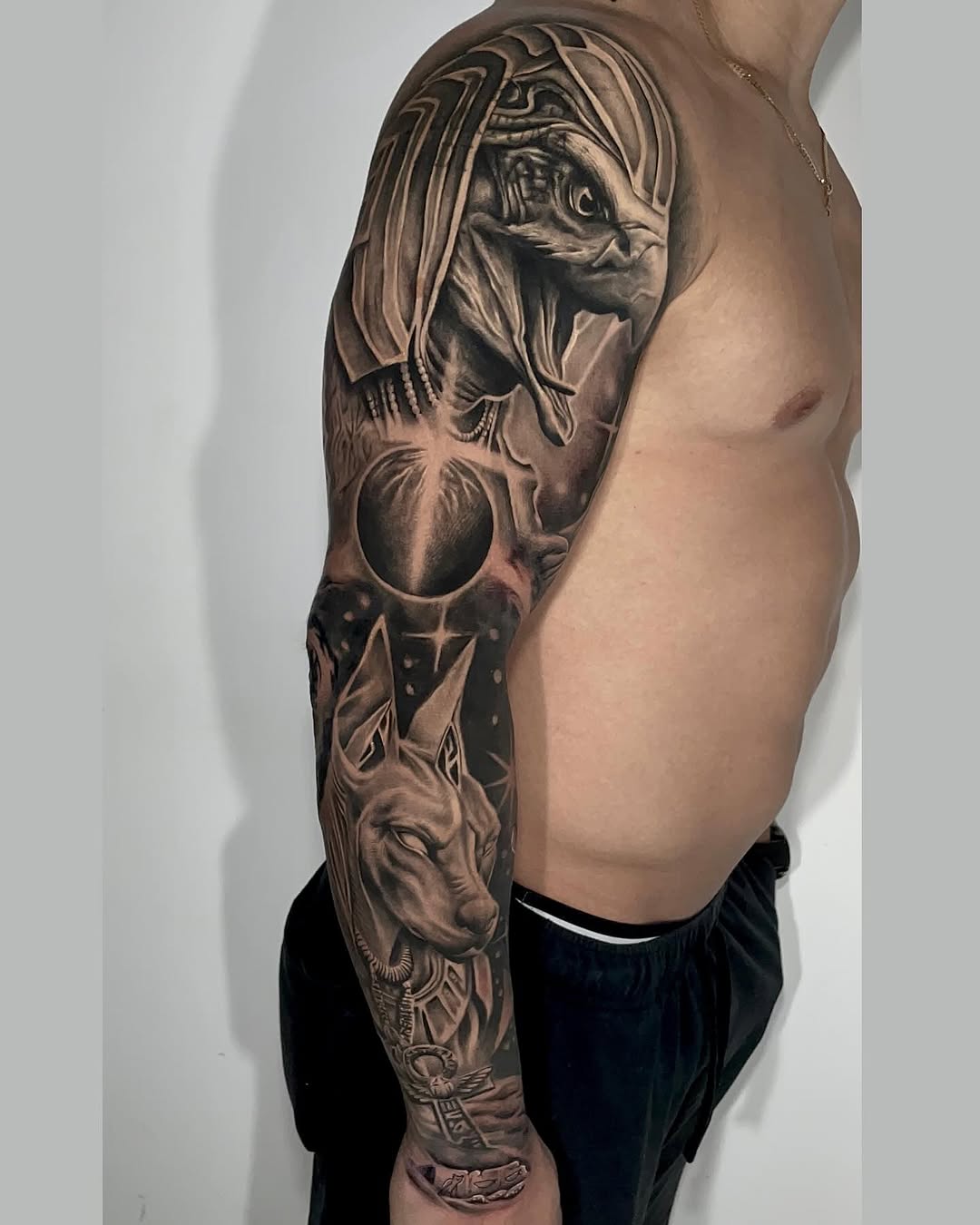 Egyptian mythology sleeve Japanese tattoo on the forearm by Clayderman