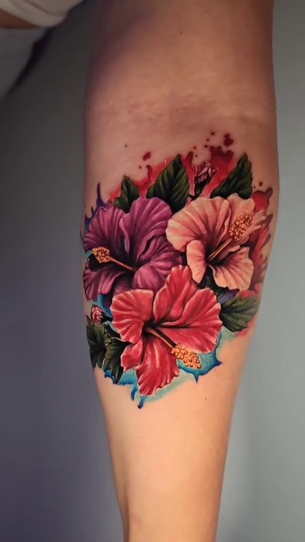 Hibiscus flowers watercolor tattoo by Dallas Tattoo Artist Erik Espinoza