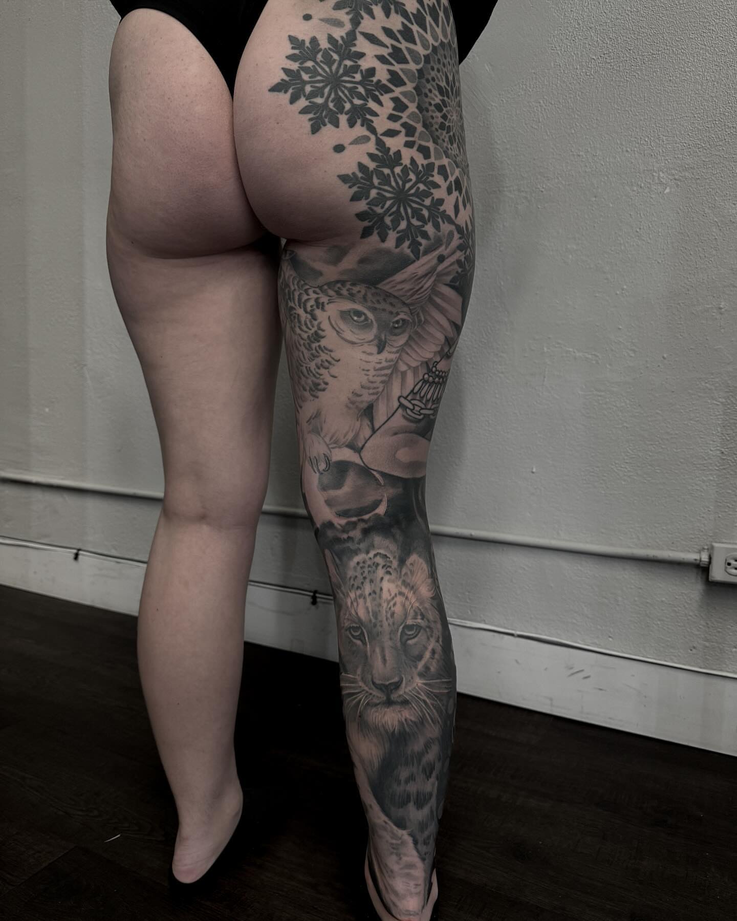 Owl and leopard realism tattoo on the leg by gina