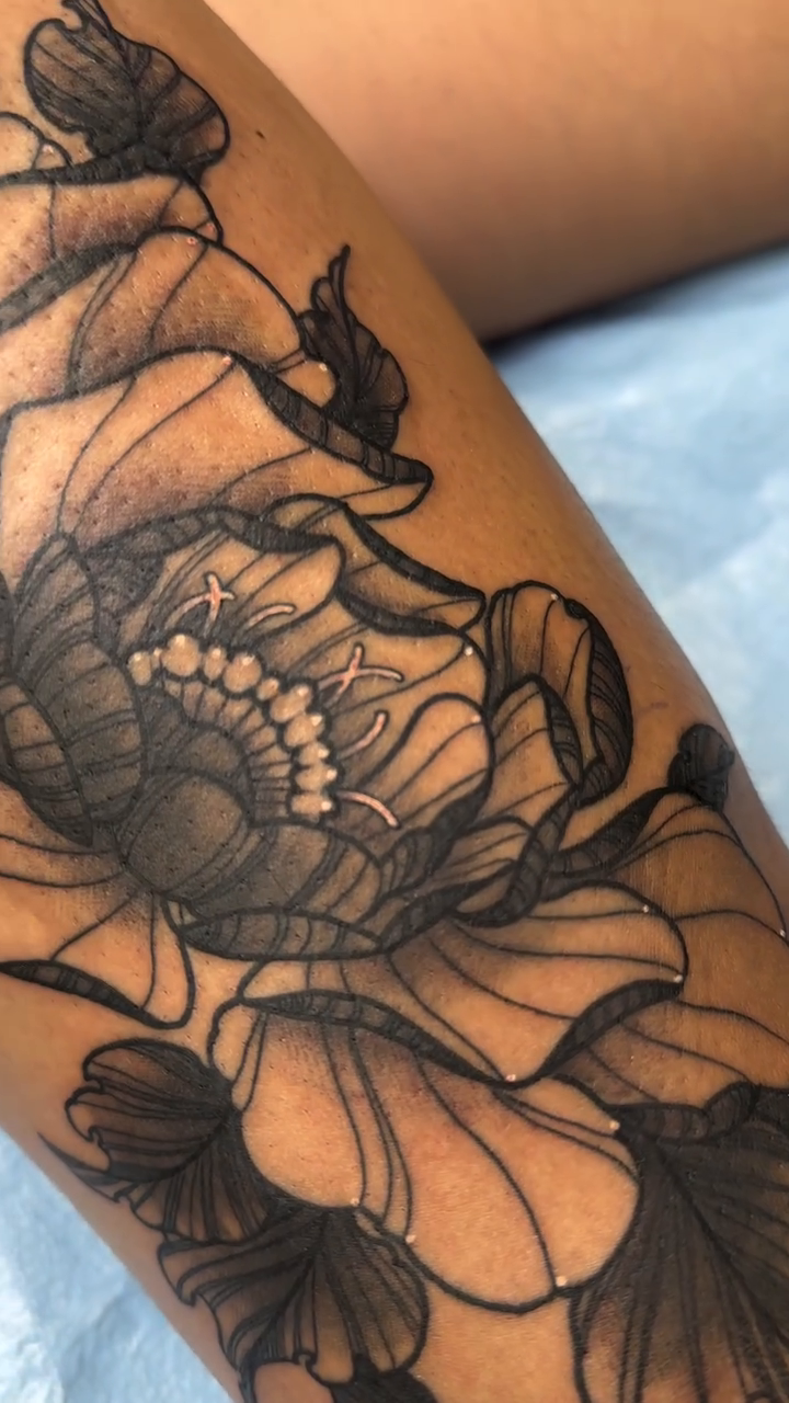 Peony flowers realism tattoo by ✥ Daemon Downing ✥ Kansas Tattoo Artist ✥, Wichita, Kansas