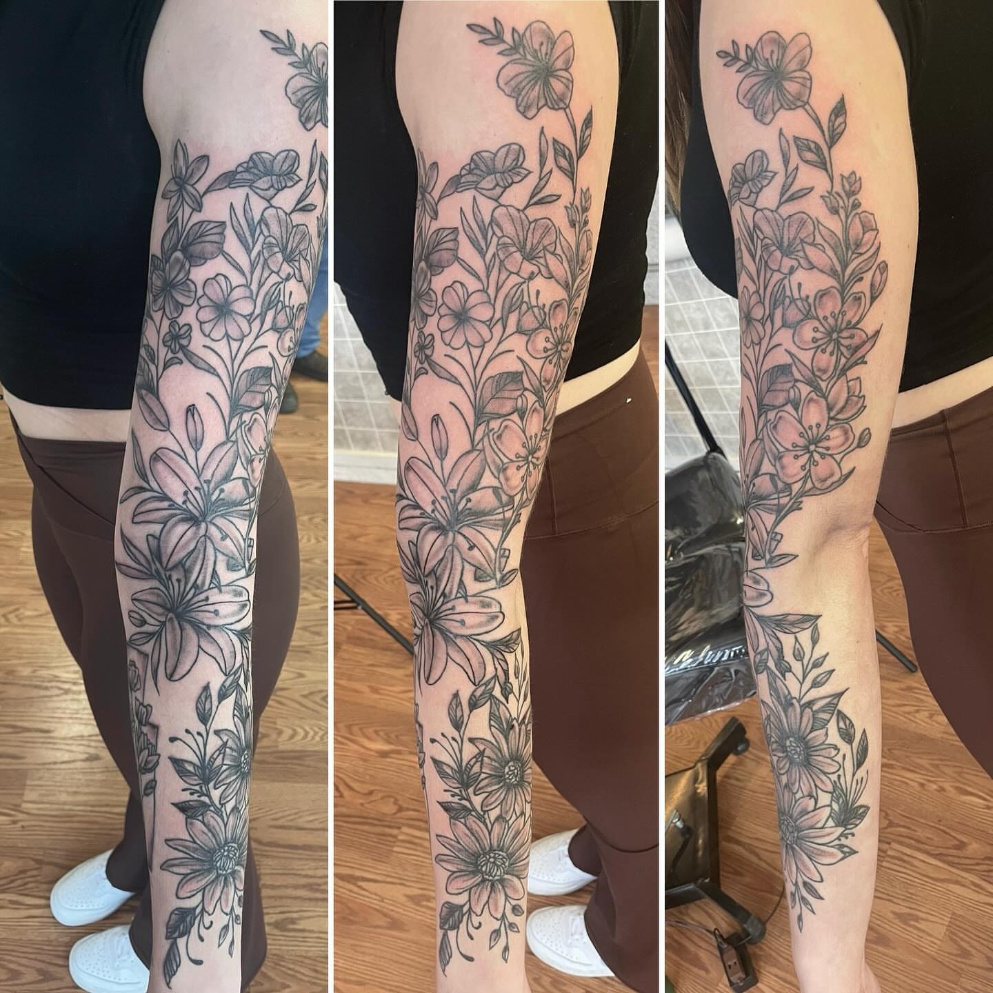 Floral bouquet black and grey tattoo on the forearm by Strange Brew Tattoo