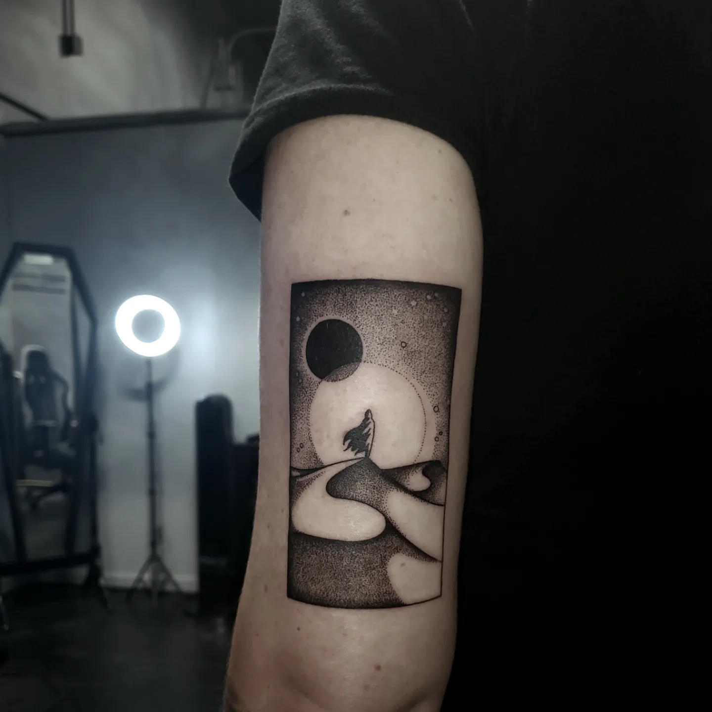 Abstract figure dotwork tattoo on the forearm by Shailey Pasquale