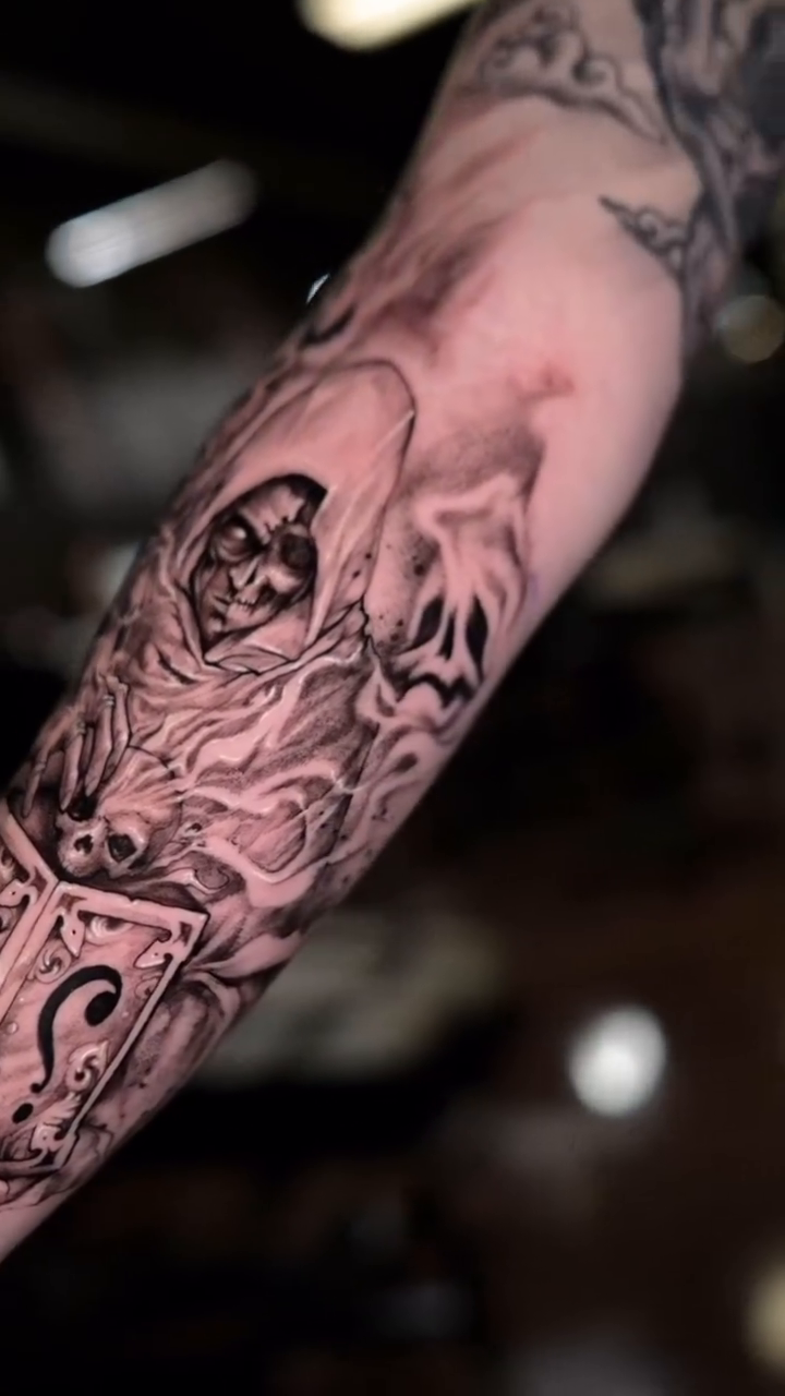 Grim Reaper with dice dark realism tattoo by Gregorio Devera