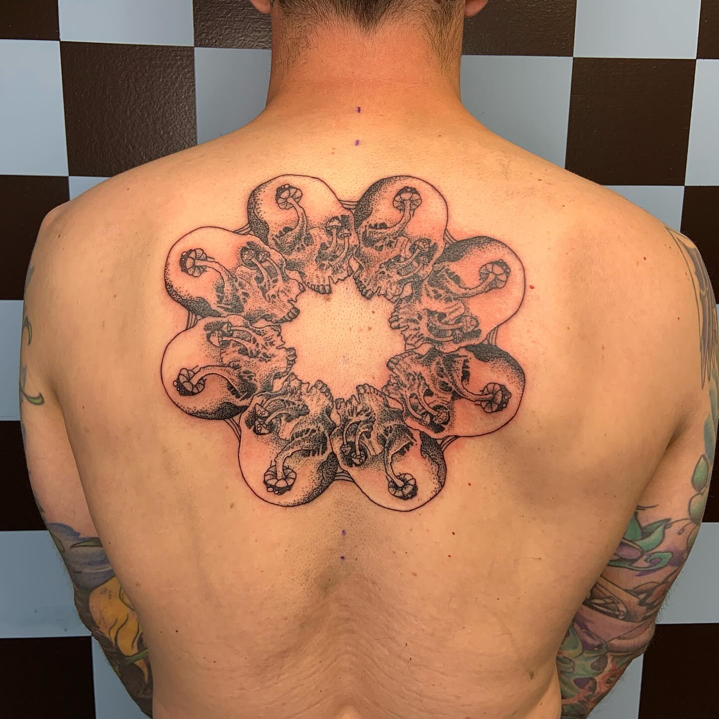 Octopus dotwork tattoo on the back by Bombay Pain Co.