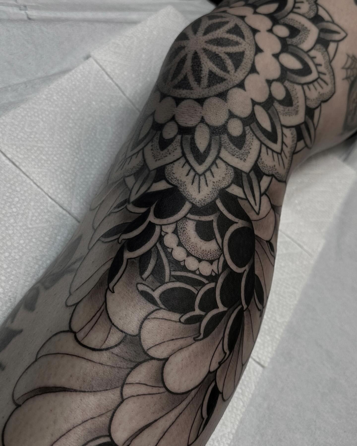 Floral mandala dotwork tattoo on the forearm by Ryan Spencer - San Diego Tattoo Artist