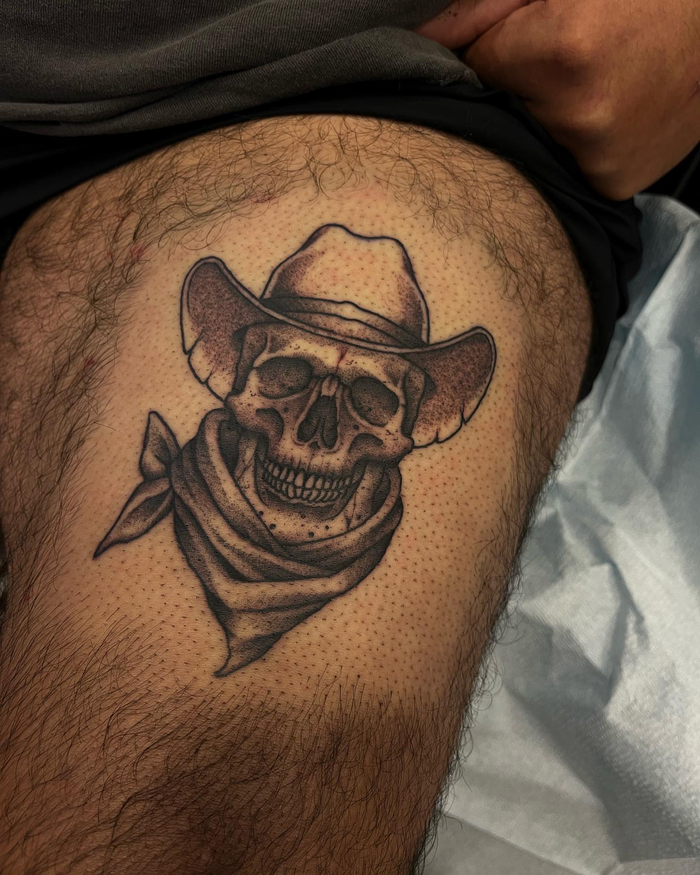 Cowboy skull dotwork tattoo on the thigh by Juan Vega (tony)