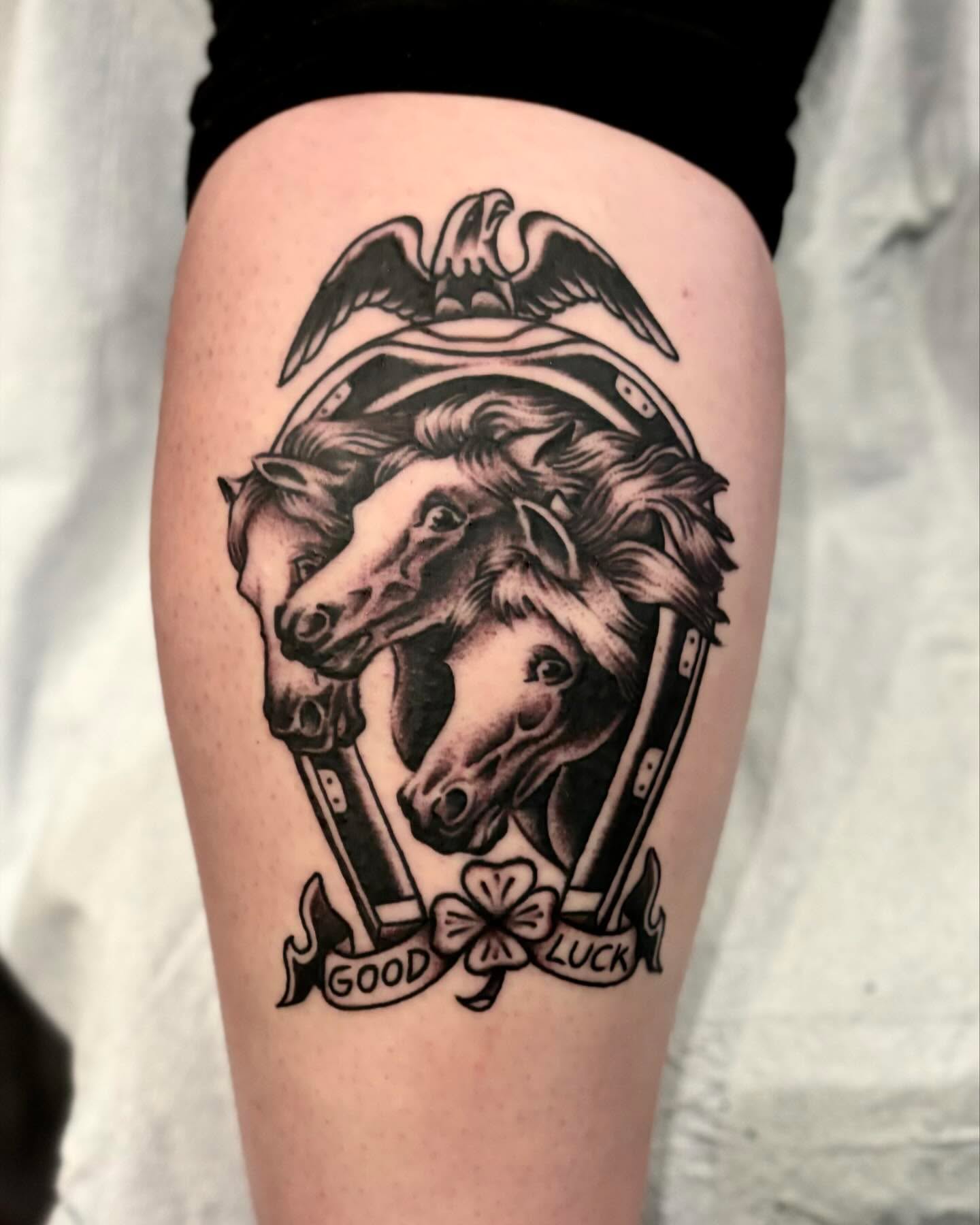 Horses and anchor American traditional tattoo on the thigh by Weston Imhoff