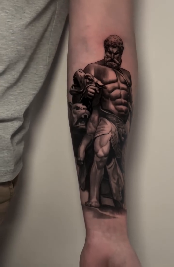 Hercules statue realism tattoo by Bill Johenning, Lakewood, Ohio