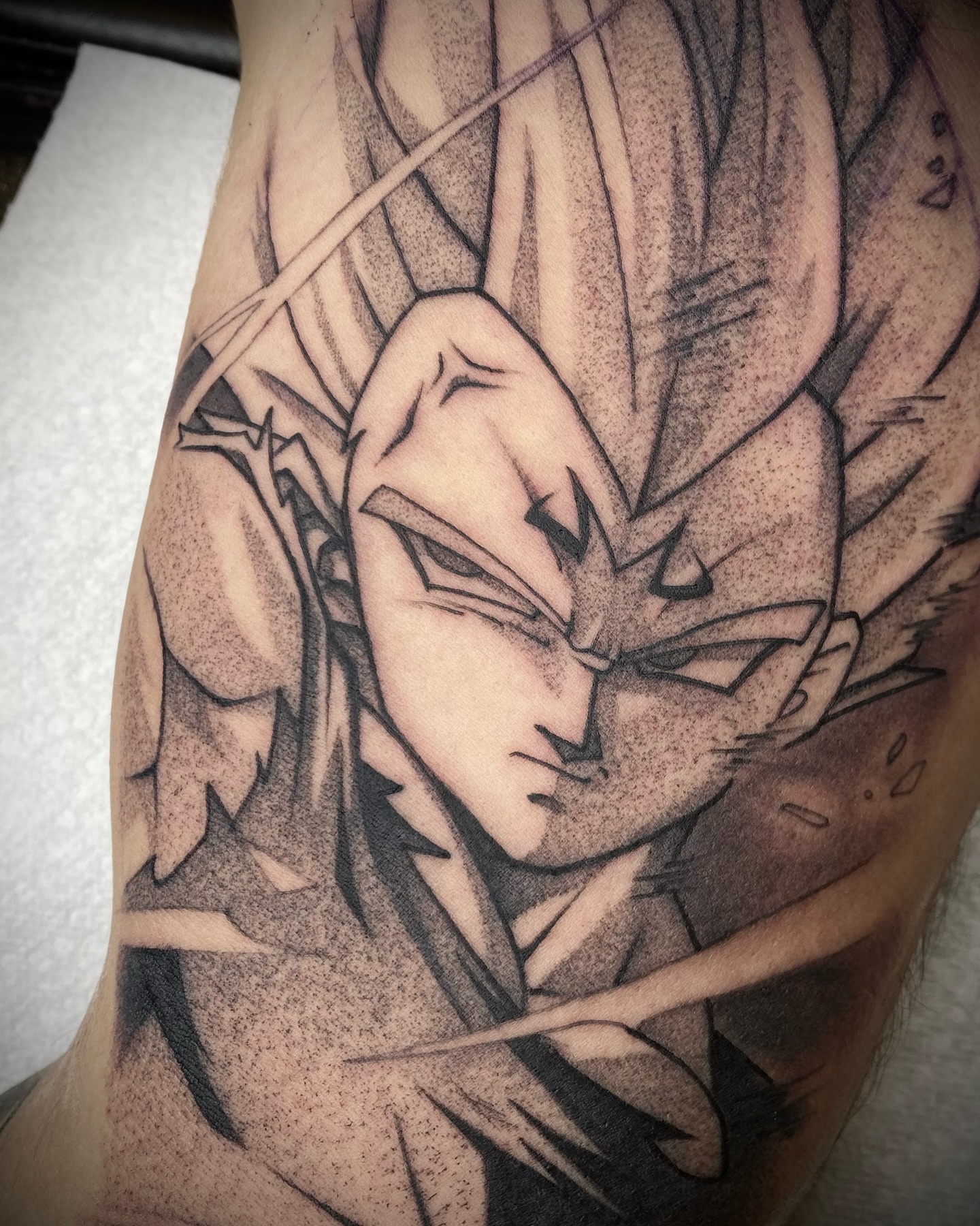 Tattoo by @tatdaddyangel — dotwork, anime