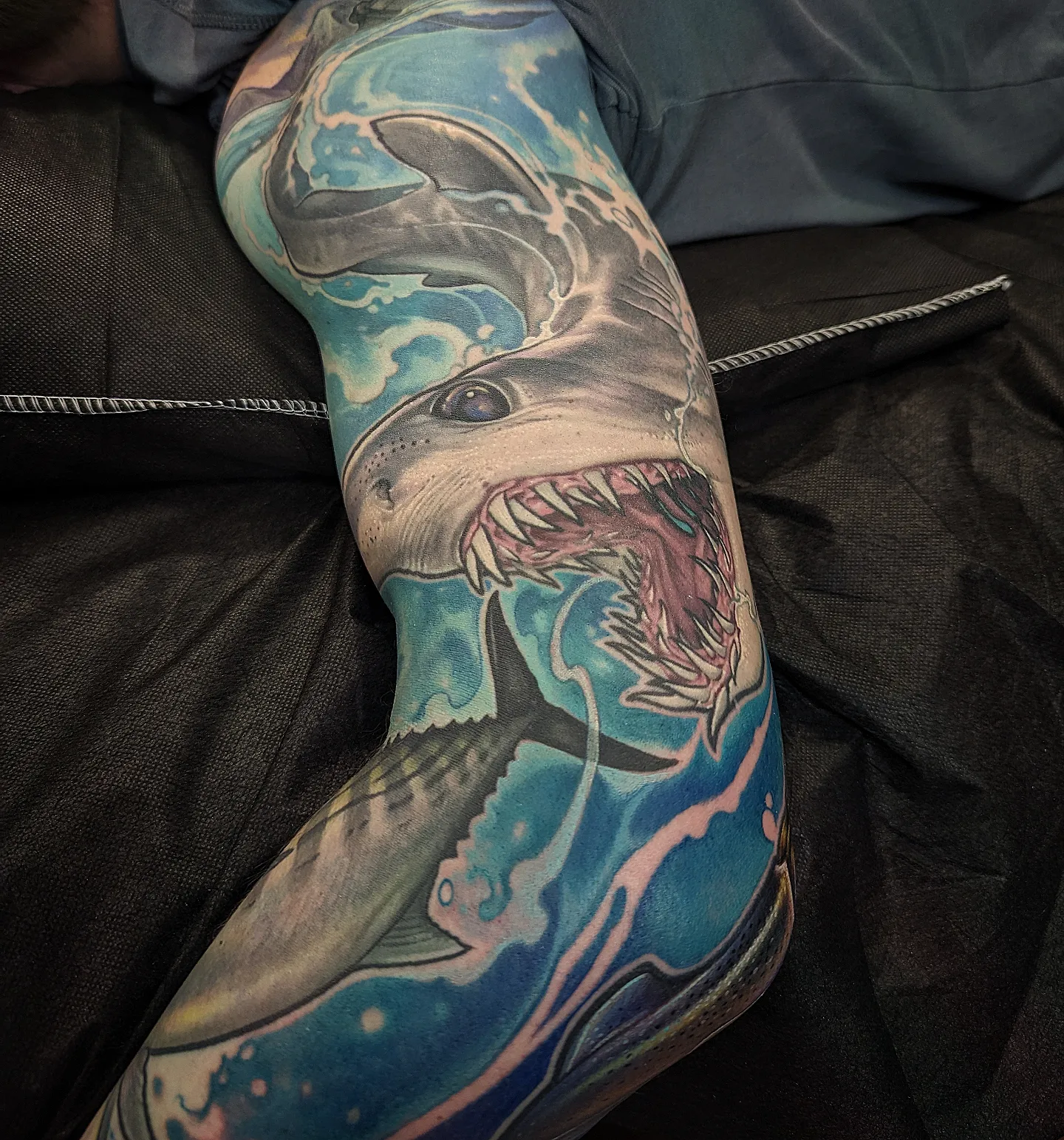Shark realism tattoo on the leg by Matt Driscoll