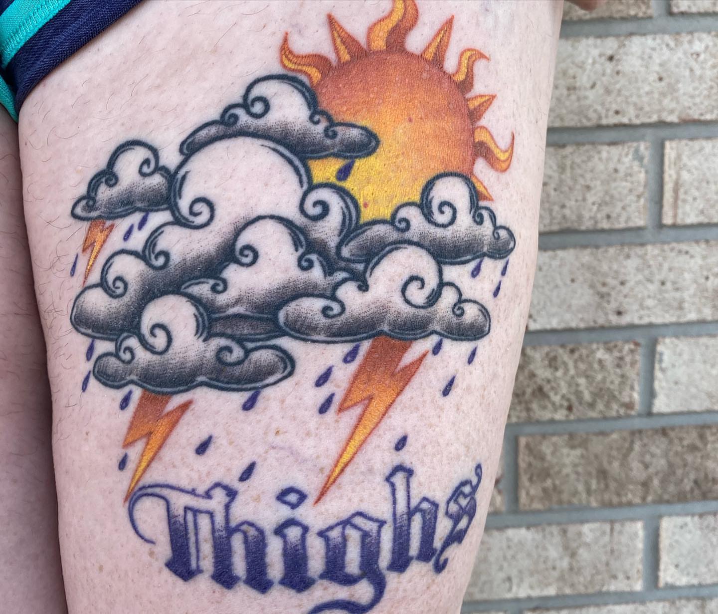 Thunderstorm American traditional tattoo on the thigh by Savanna Starr Mortensen