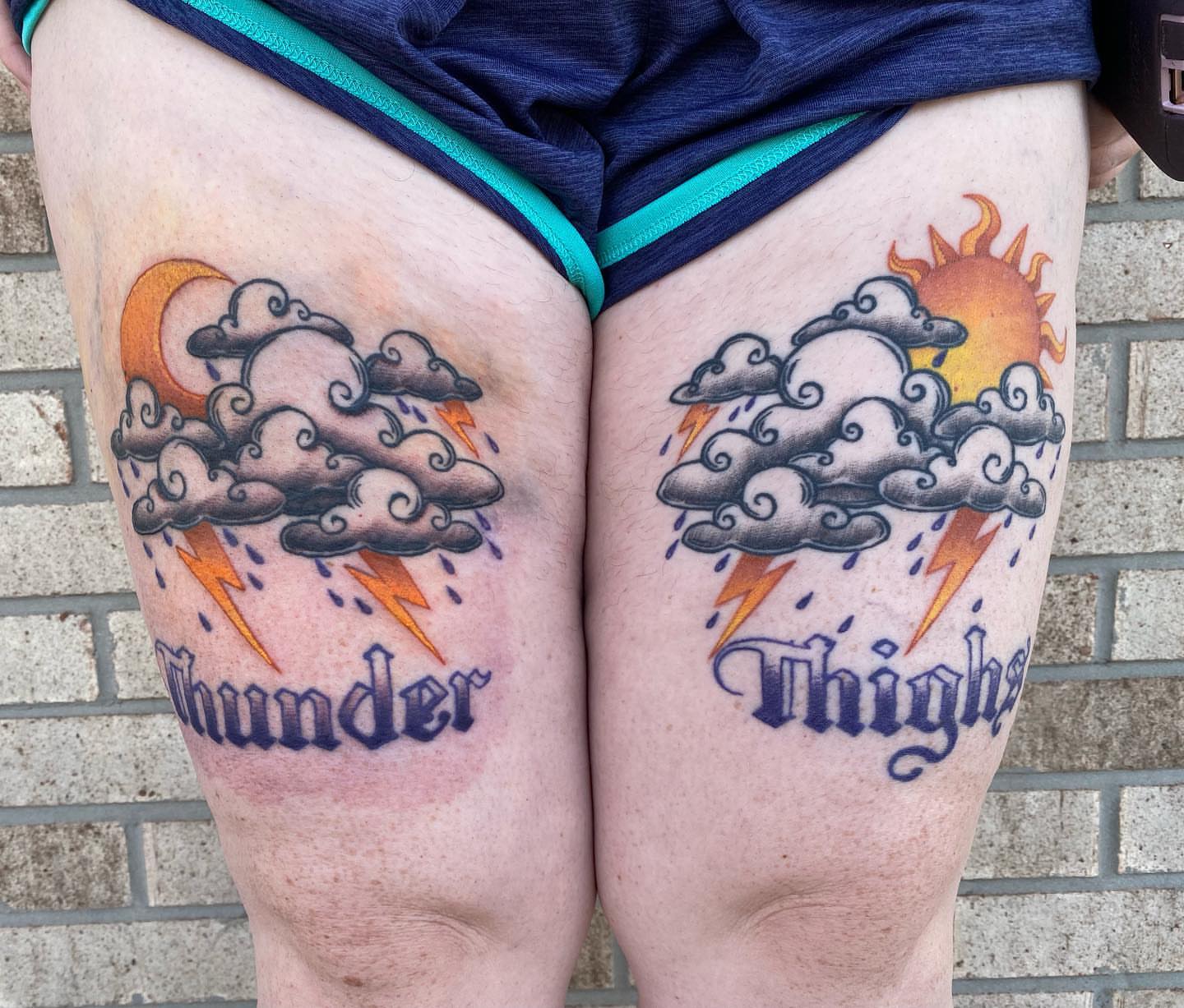 Thunder thighs new school tattoo on the thigh by Savanna Starr Mortensen