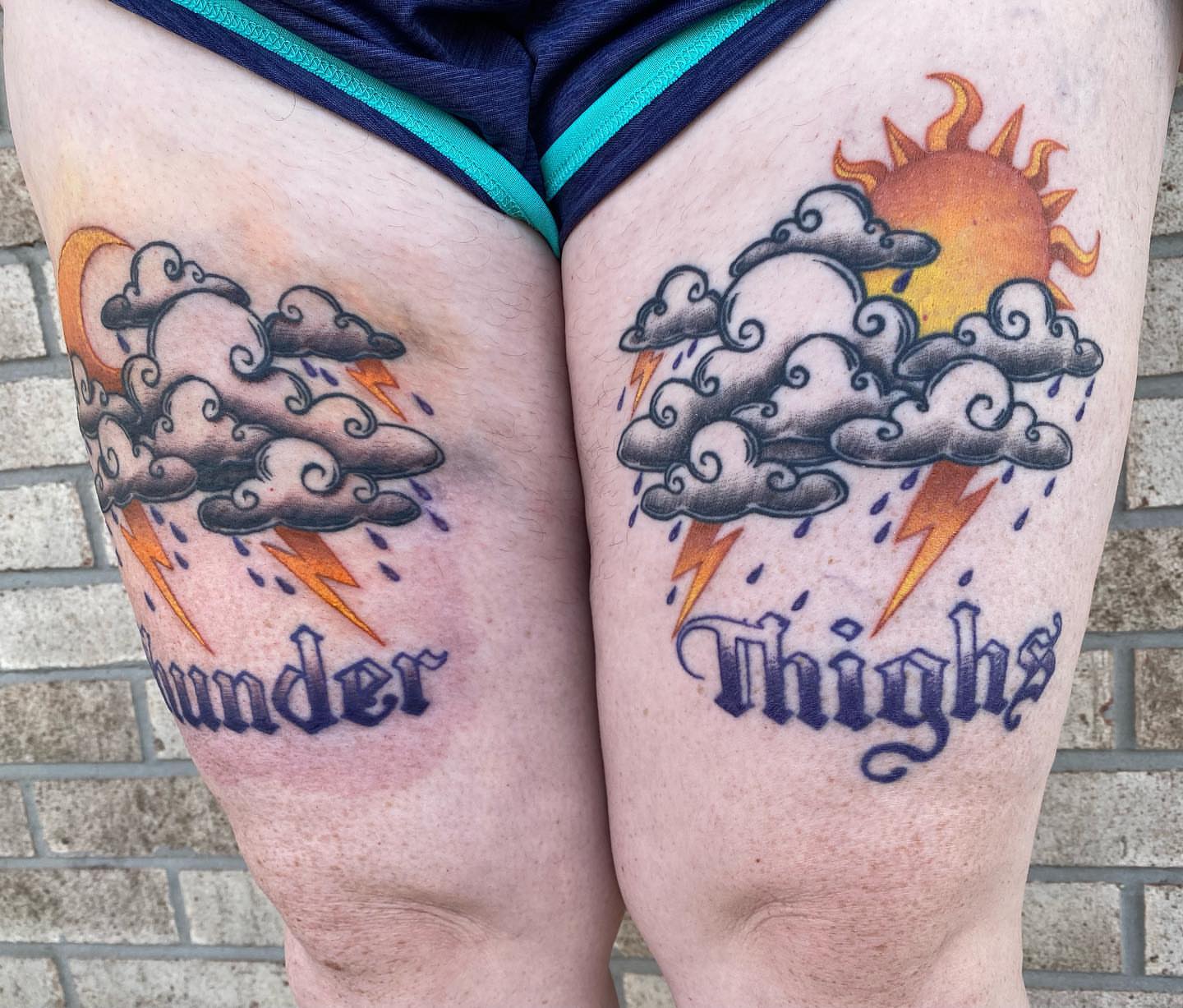 Thunder thighs new school tattoo on the thigh by Savanna Starr Mortensen