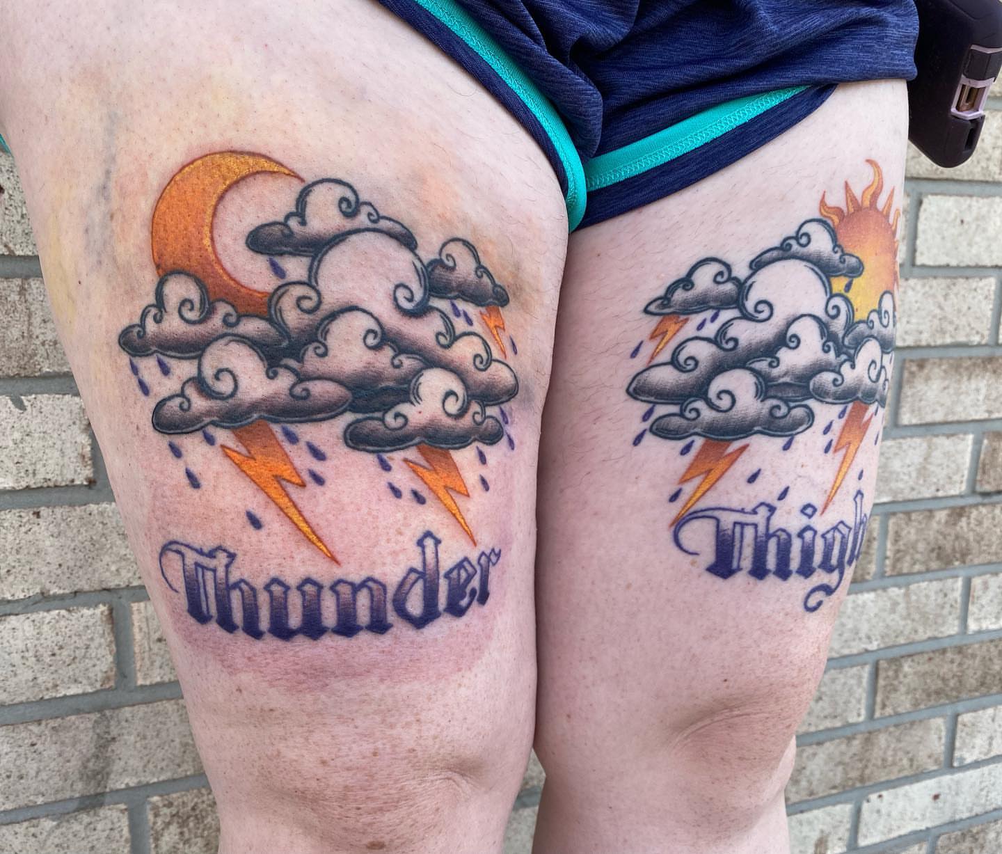 Thunderstorm American traditional tattoo on the thigh by Savanna Starr Mortensen