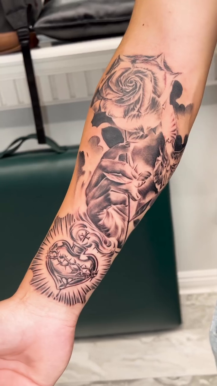 Rose and skull with heart realism tattoo by Sloe Rivera