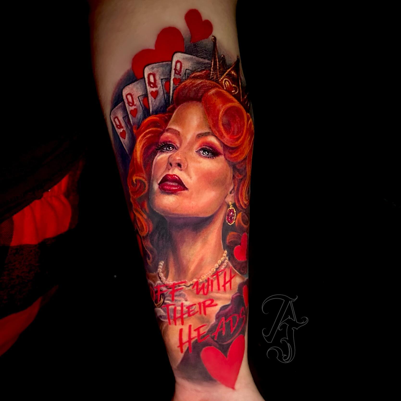 Queen of hearts realism tattoo on the forearm by Amber Joy (AJ)