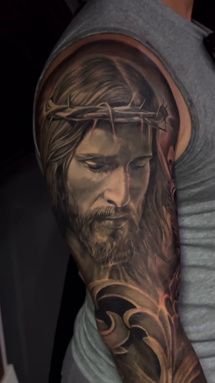 Jesus Christ and religious figures realism tattoo by Adrian Gonzalez