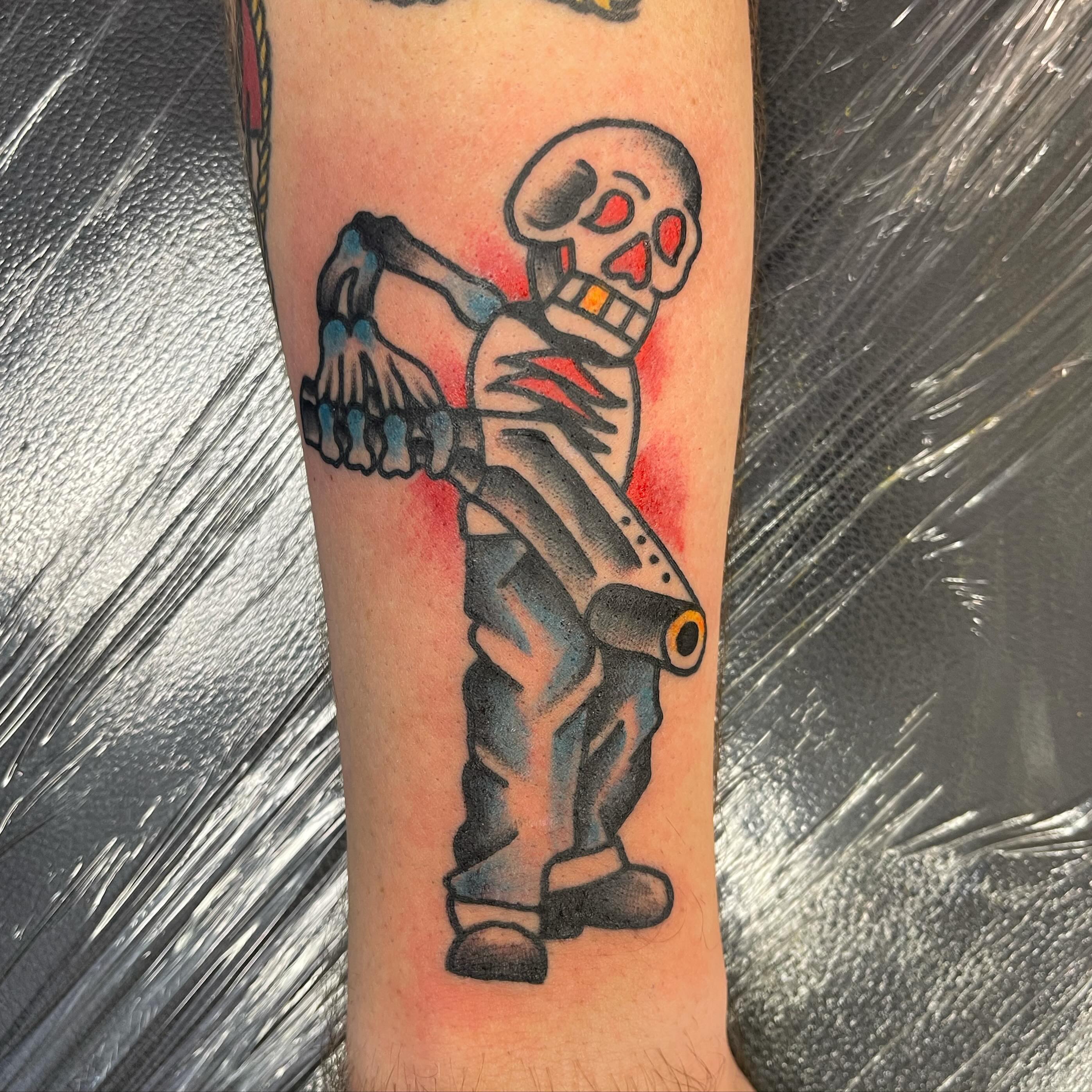 Skeleton American traditional tattoo on the forearm by 💀good To the Grave💀