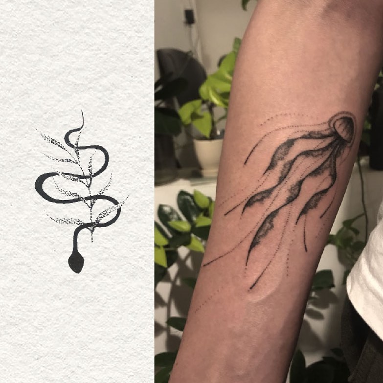 Snake dotwork tattoo on the forearm by Gaya