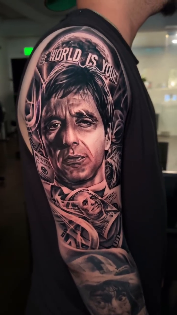 Tony Montana portrait realism tattoo by 𝐉𝐨𝐧 𝐒𝐚𝐧𝐭𝐨𝐬