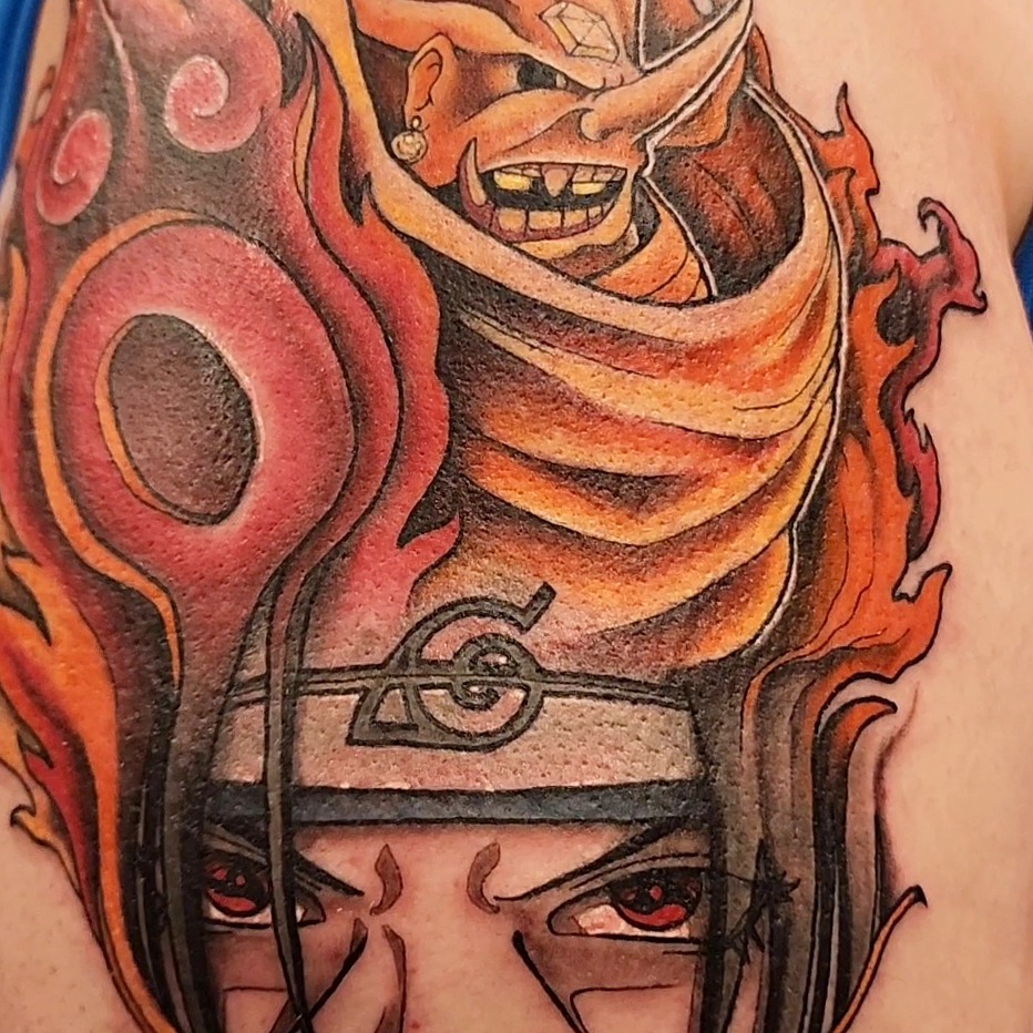 Ninja mask anime tattoo on the shoulder by Mario Romero