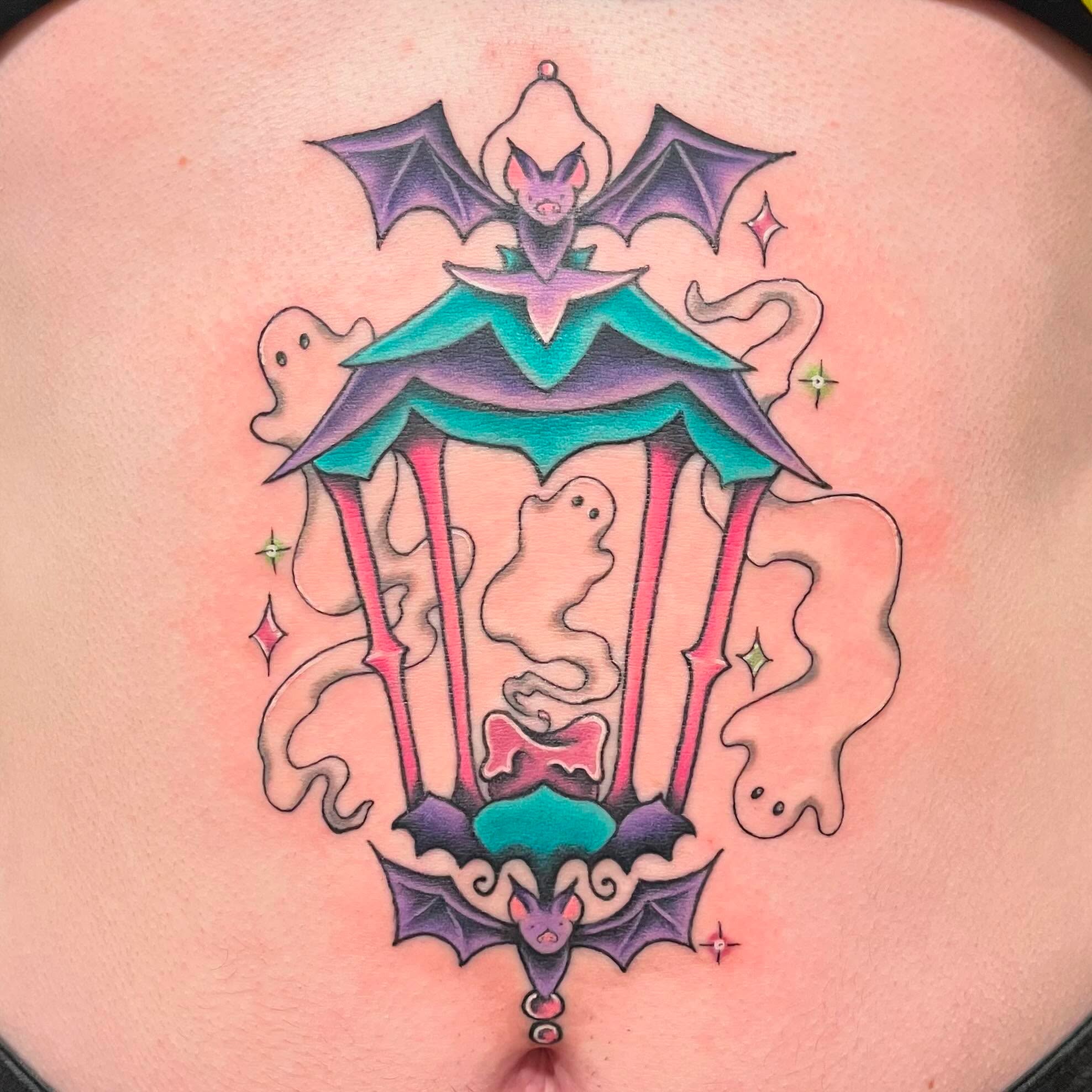 Bat lantern ghost American traditional tattoo on the thigh by Krystal ✨