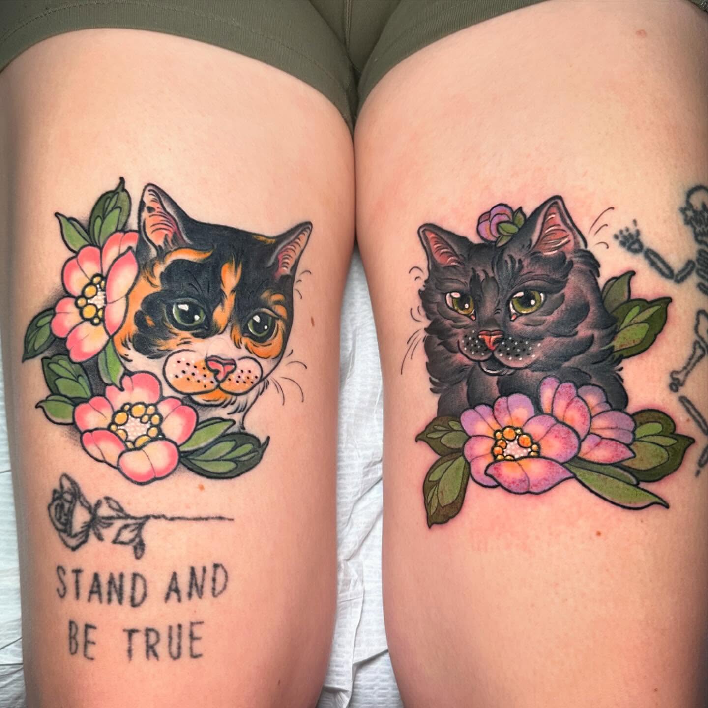 Cat and flowers American traditional tattoo on the thigh by Tayler Pearson, Fort Collins, Colorado