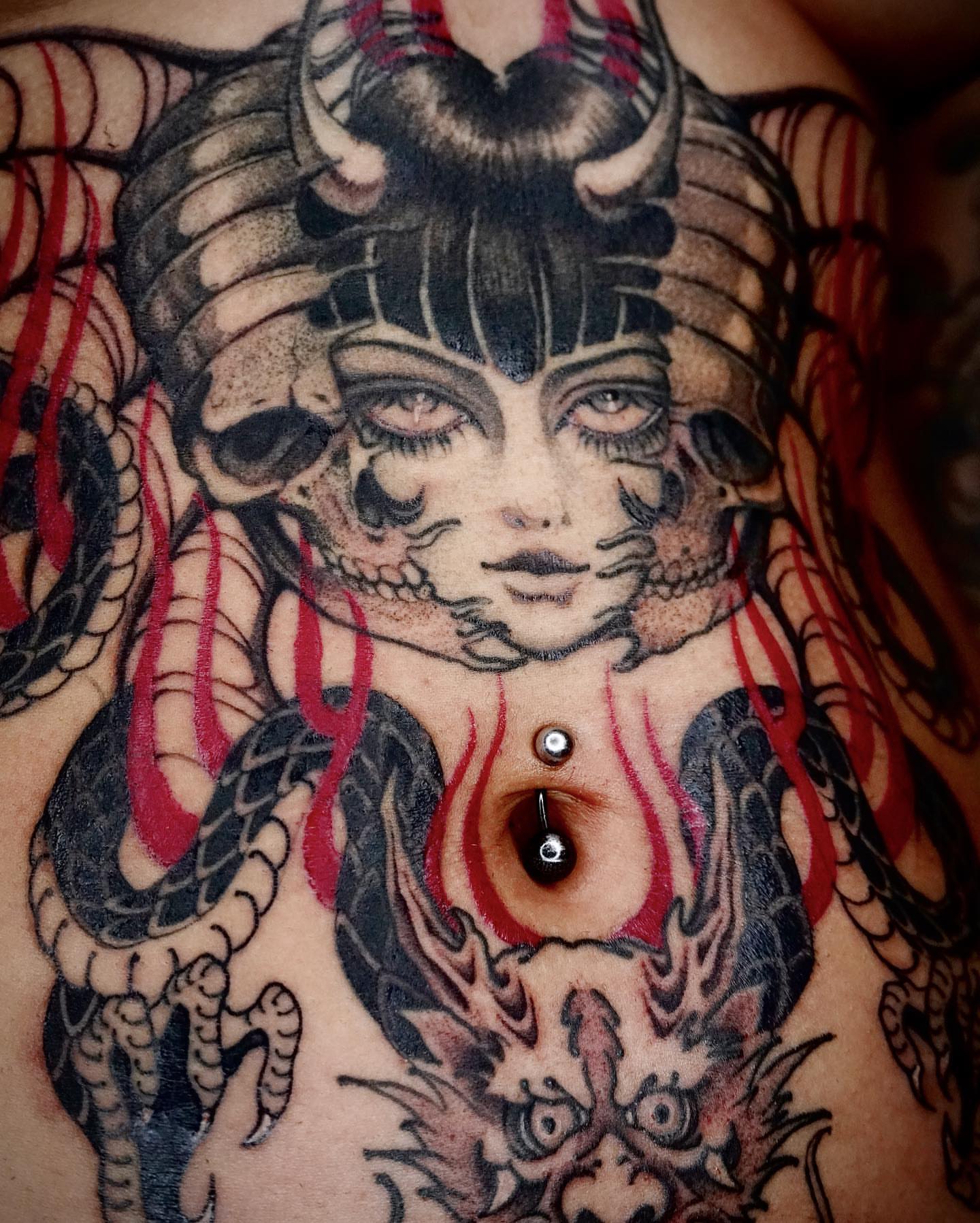Demon woman American traditional tattoo on the chest by 吳盈慧, Los Angeles, California