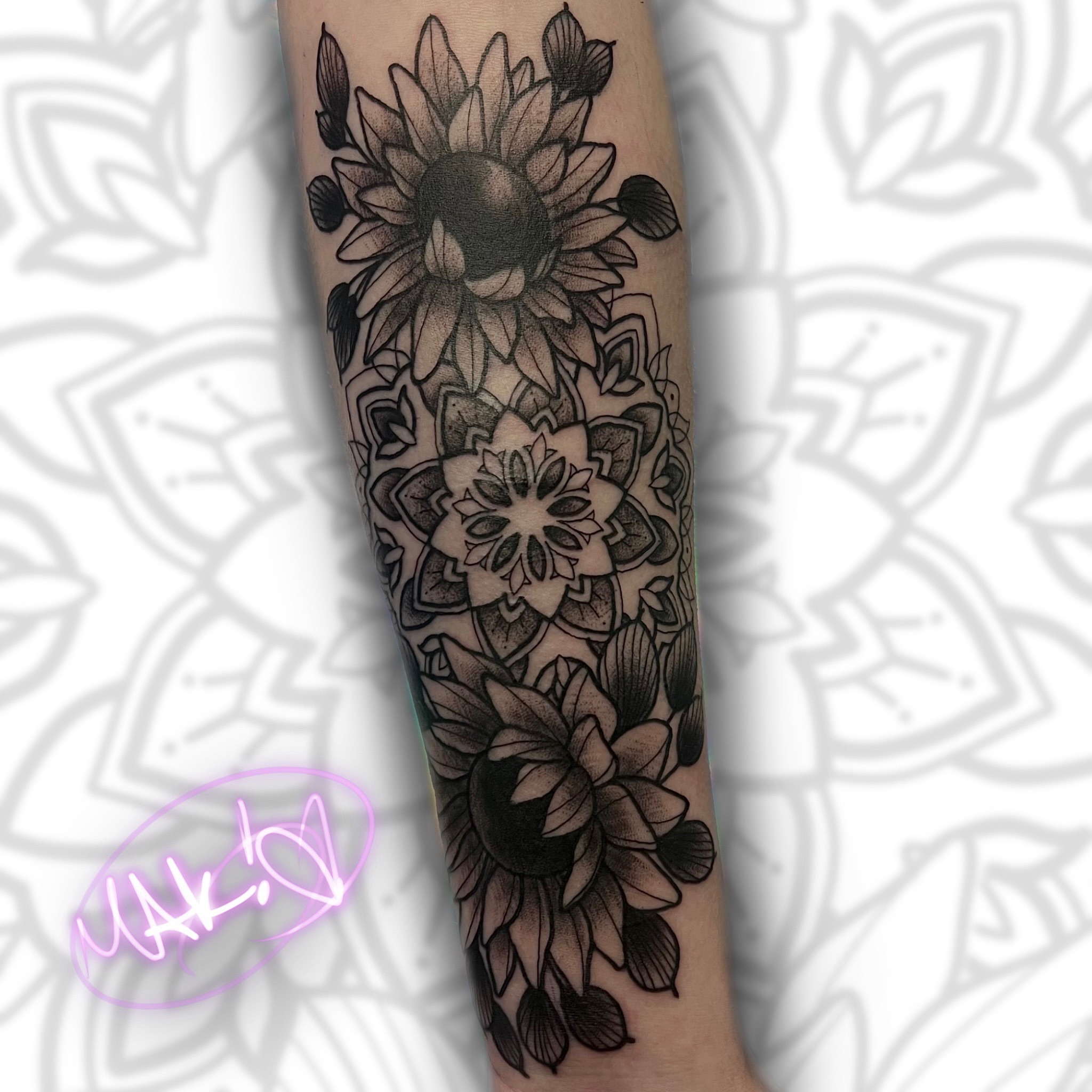 Sunflower and floral mandala geometric tattoo on the forearm by ♡𝕄𝕒𝕜𝕒𝕪𝕝𝕒♡, Colorado Springs, Colorado