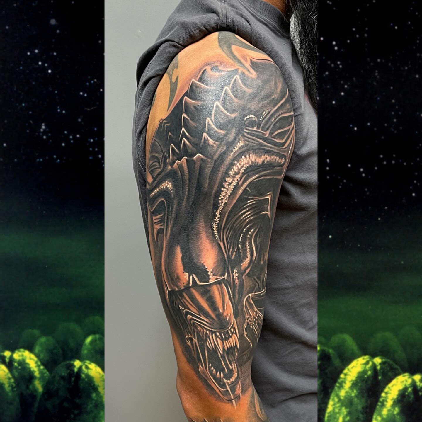 Alien head dark realism tattoo on the forearm by David Gottschalk