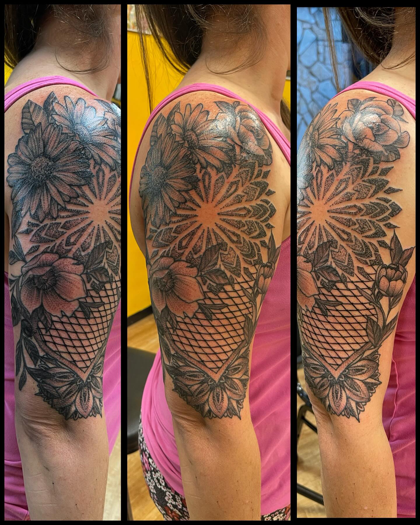 Floral bouquet geometric tattoo on the upper arm by Bill Ferguson