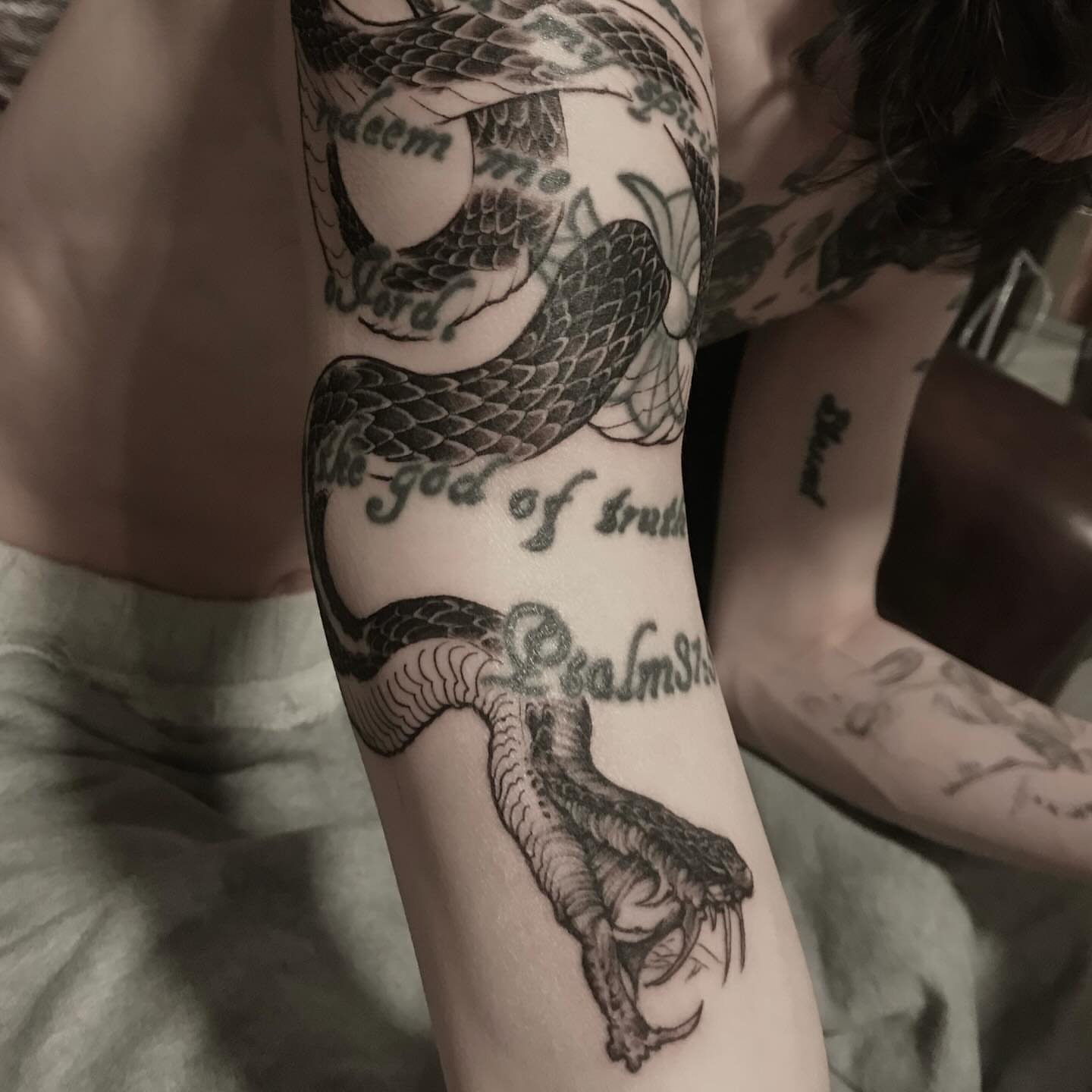 Snake black and grey tattoo on the forearm by G̵̨̗̗̈̅̓́͡ĕ̸̡̜̫̾̌̎̈͠ë̷̢̳̤̰̗͈̃͌͒̚͞