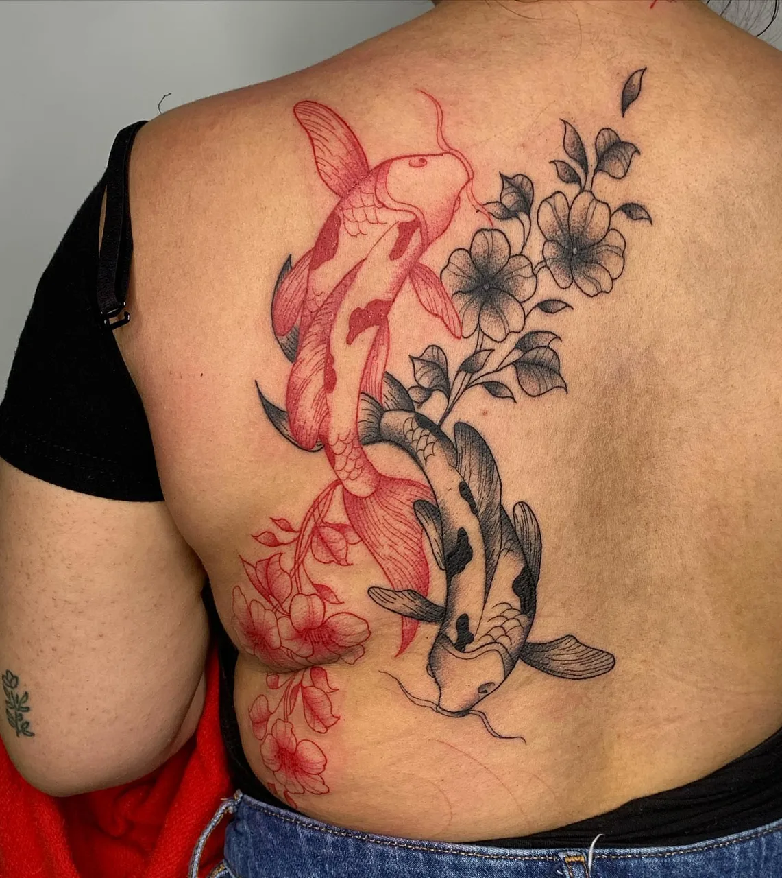 Koi fish and flowers japanese irezumi tattoo on the back by Savana ☆