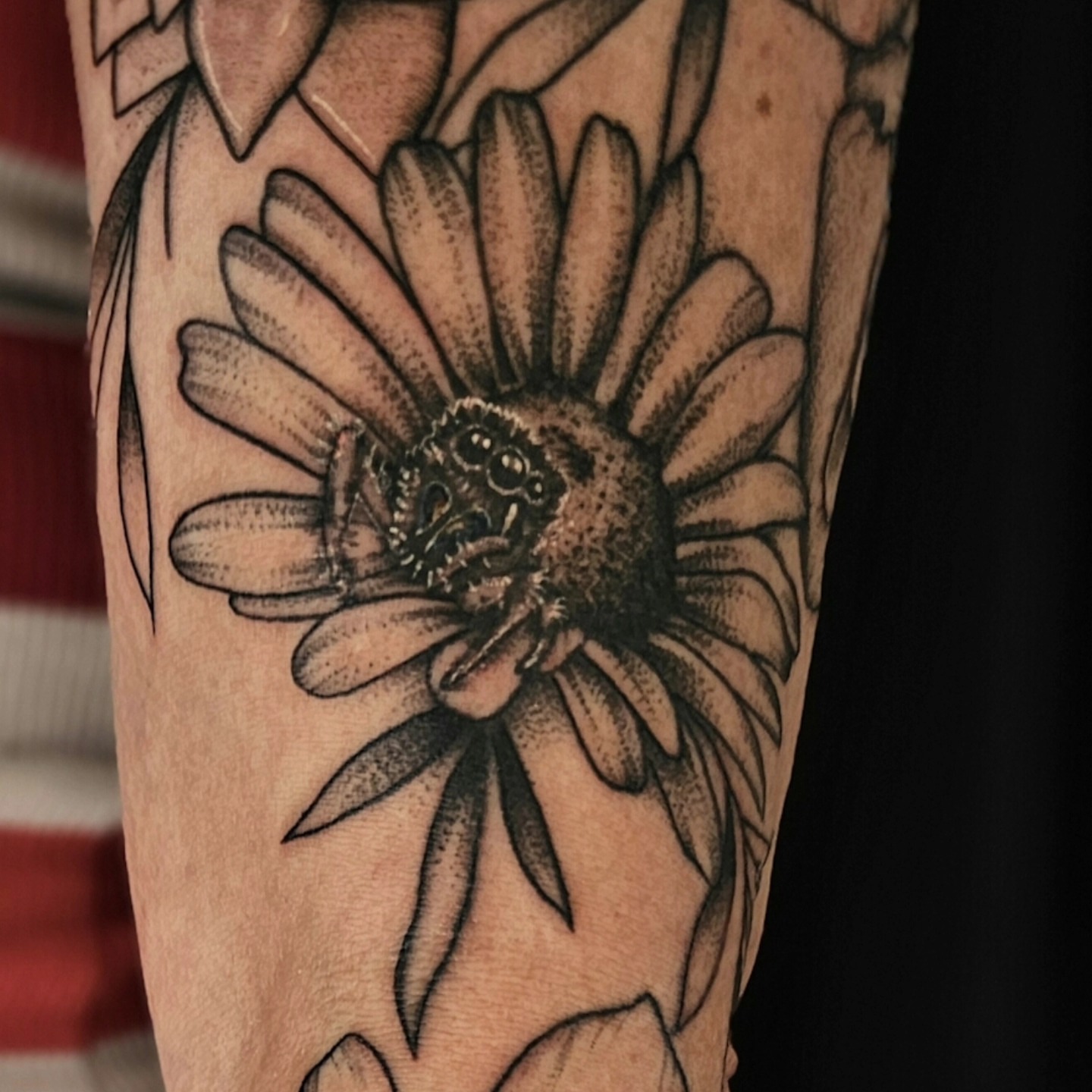 Sunflower dotwork tattoo on the forearm by Madelynne