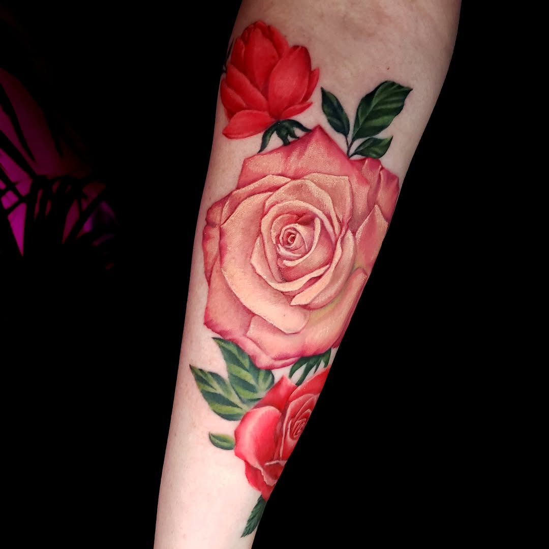 Roses neo-traditional tattoo on the forearm by Dallas Tattoo Artist Erik Espinoza