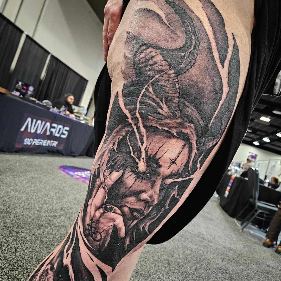 Tattoo by @d.r_tattoos — dark_realism, black_and_grey