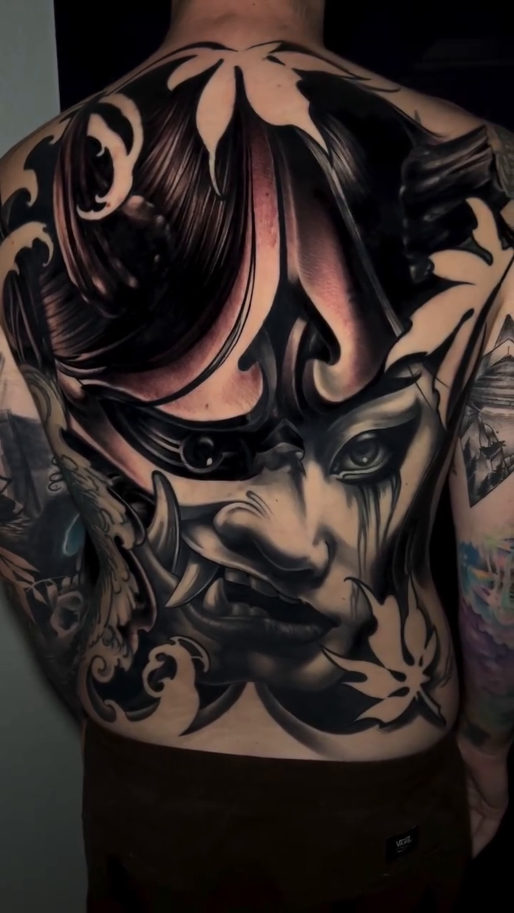 Oni mask and waves japanese irezumi tattoo by Raul Ugarte, Roseville, California