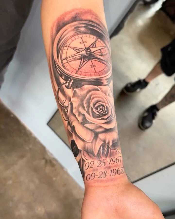 Compass and rose realism tattoo on the forearm by WestHustleArt