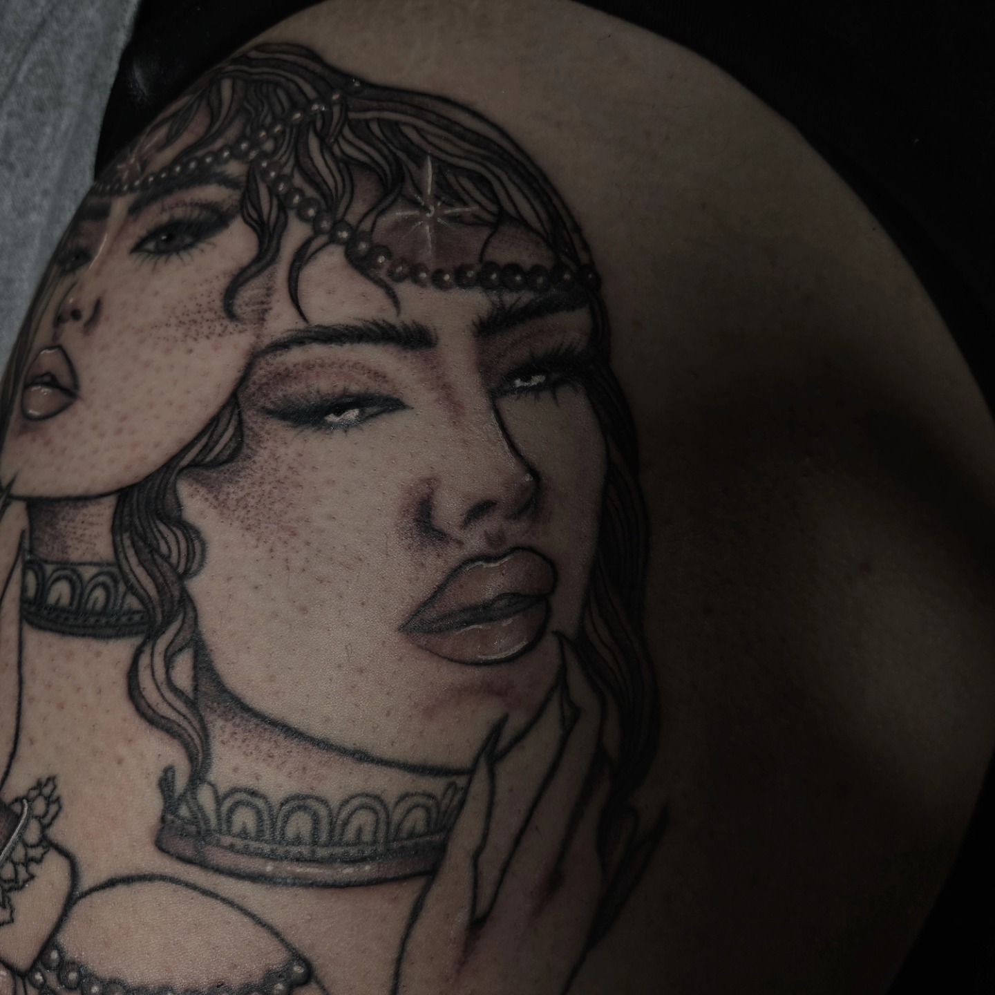 Woman with headdress realism tattoo on the shoulder by Gabrielle Esperanza ☽。⋆