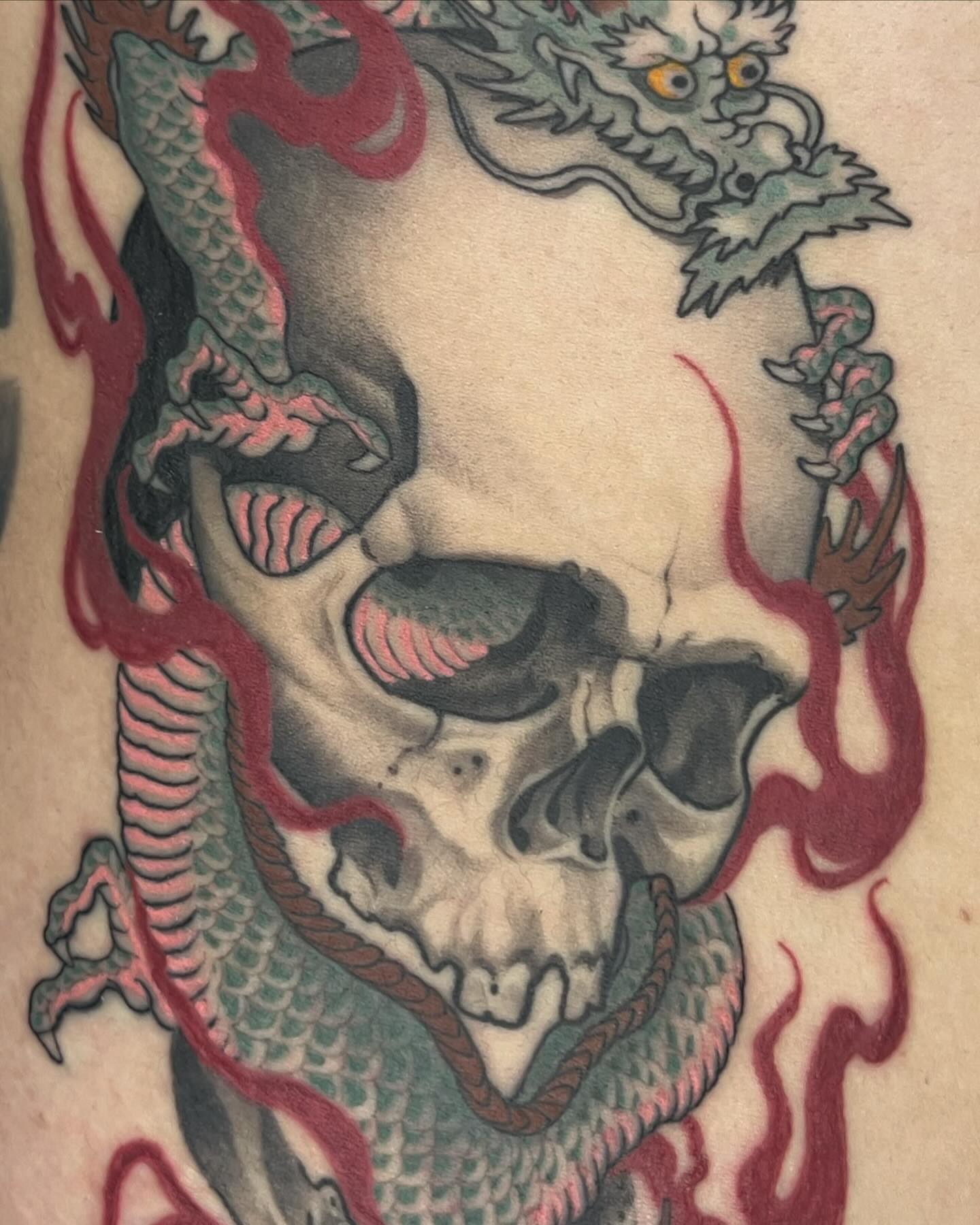 Skull with dragon japanese irezumi tattoo on the forearm by Angel, Salt Lake City, Utah