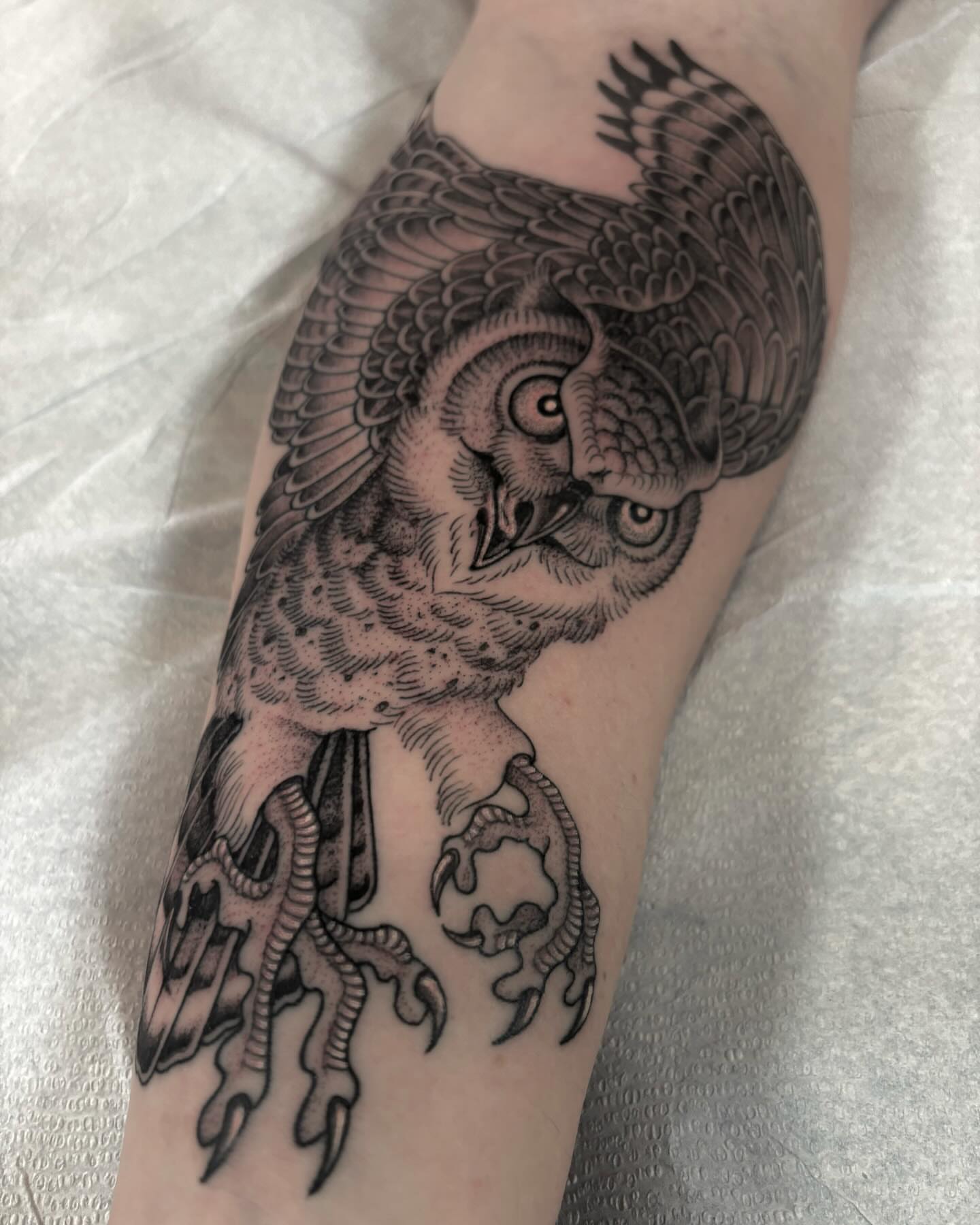 Owl American traditional tattoo on the forearm by Jake Hodson, Nashville, Tennessee