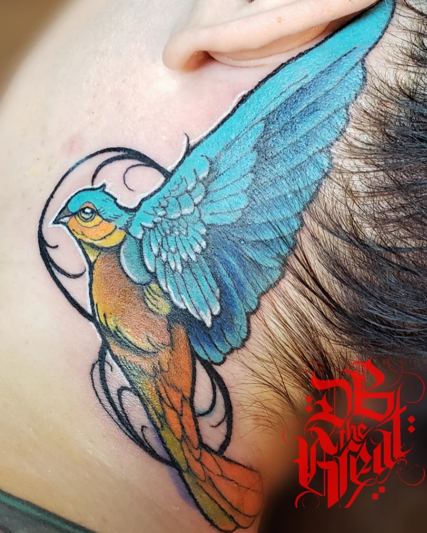 Bird new school tattoo on the shoulder by Dannie Blythewood