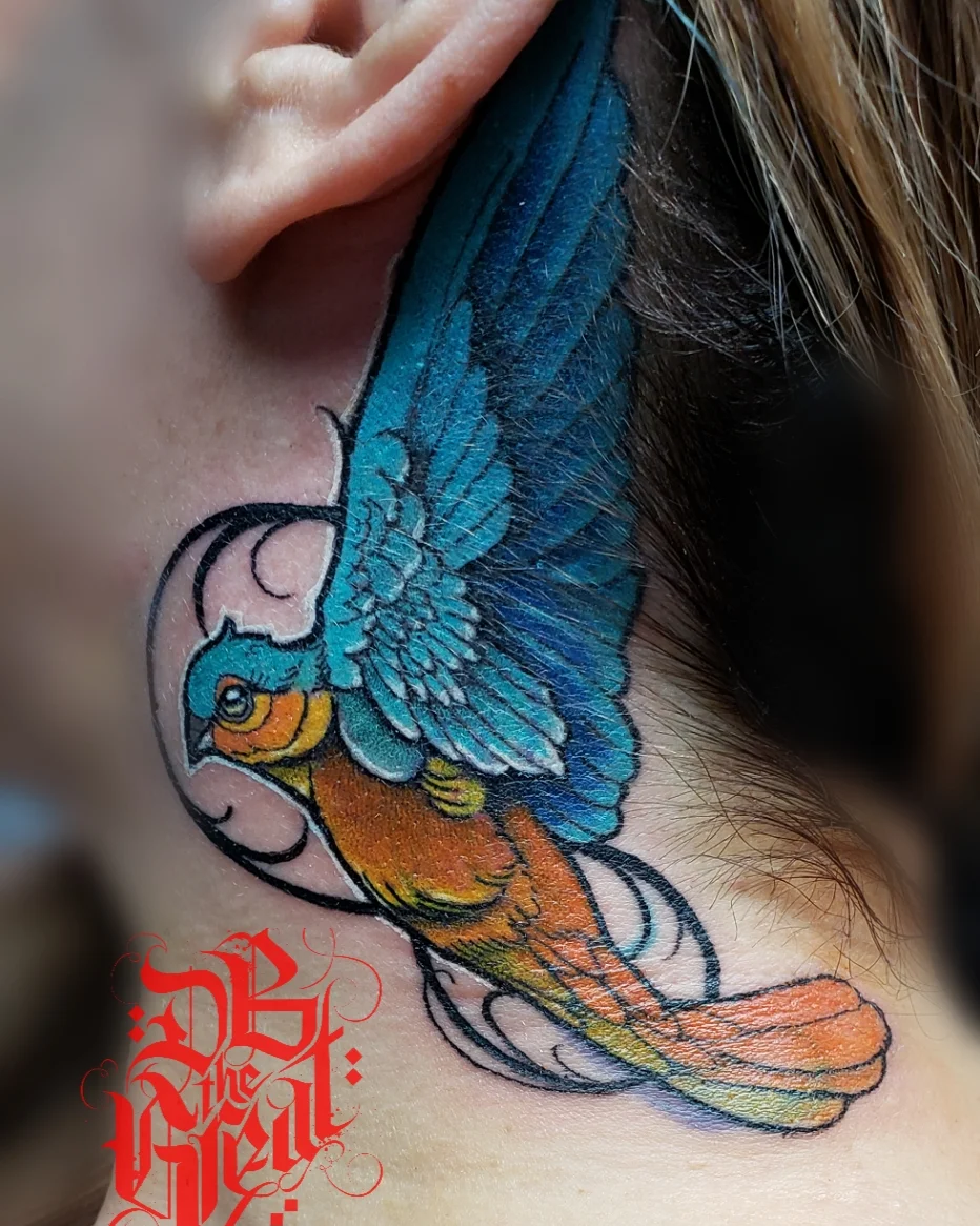 Parrot American traditional tattoo on the neck by Dannie Blythewood