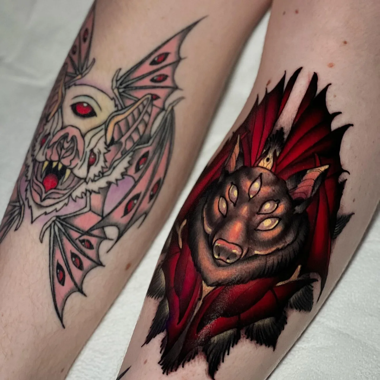 Wolf and bat American traditional tattoo on the forearm by ✤ ᴋɪʀᴀ ᴋɴᴏᴡʟᴛᴏɴ ✤