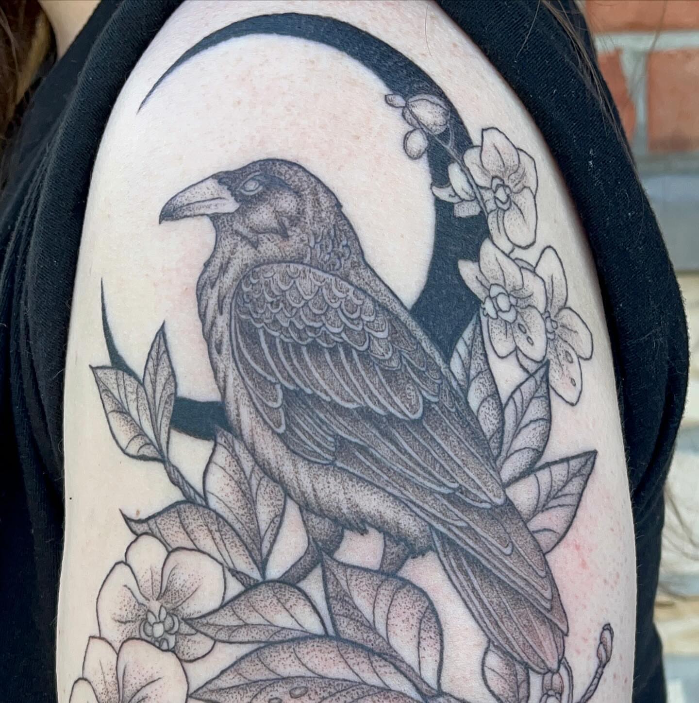 Crow and flowers dotwork tattoo on the shoulder by Tina Petrullo, West Chester Township, Butler County, Ohio