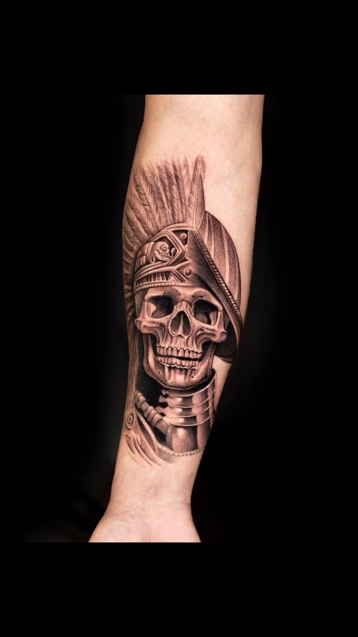 Skull with headdress realism tattoo by John Perez