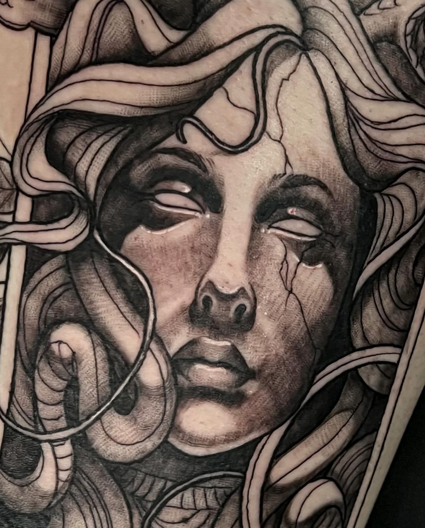 Woman's face with snakes realism tattoo on the head by Tattoos by Alli Wilcox