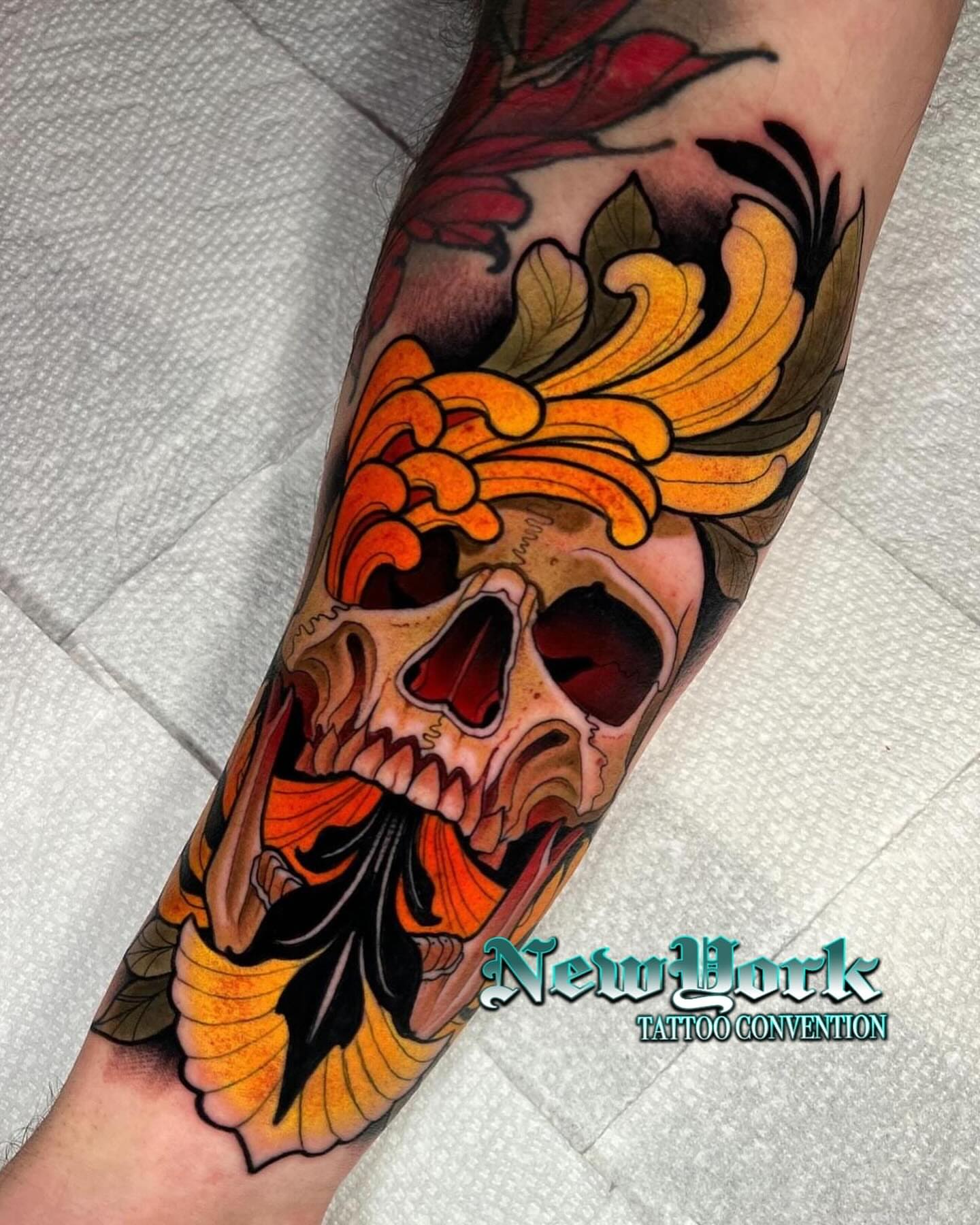 Skull with flames American traditional tattoo on the forearm by Matt - Neotrad Tattoos, New York, New York